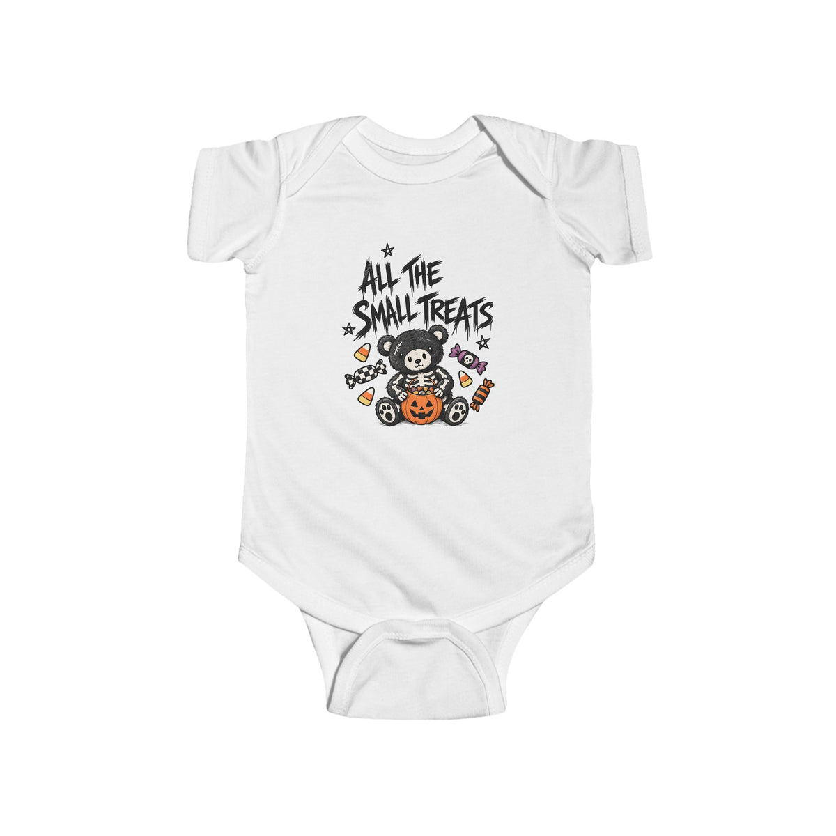 All the Small Treats Baby Onesie, Pop Punk Halloween Baby Outfit, Skeleton Teddy Bear Bodysuit, Emo Baby Gift
