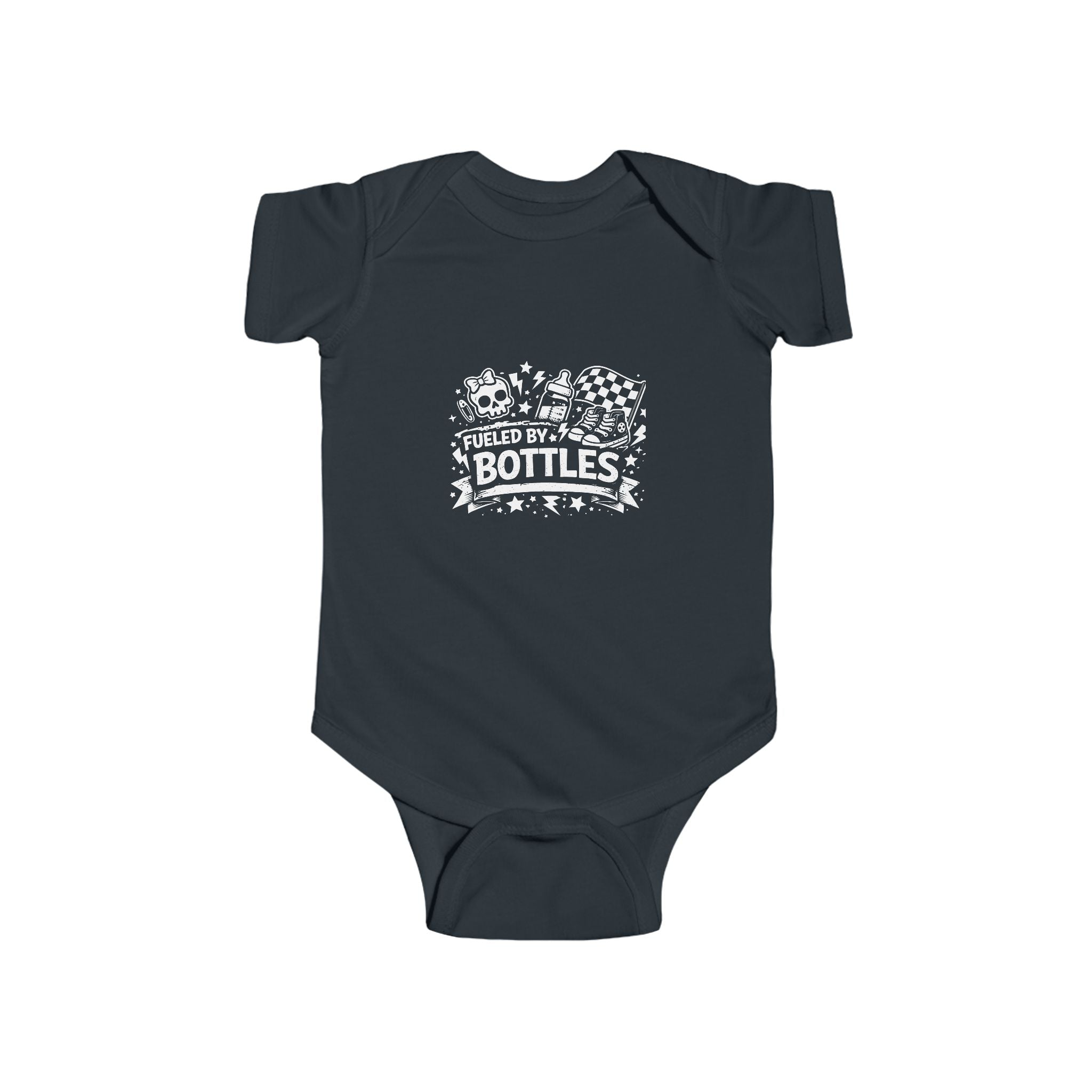 Fueled by Bottles Baby Onesie | Pop Punk Inspired Funny Infant Bodysuit | Millennial Parent Gift