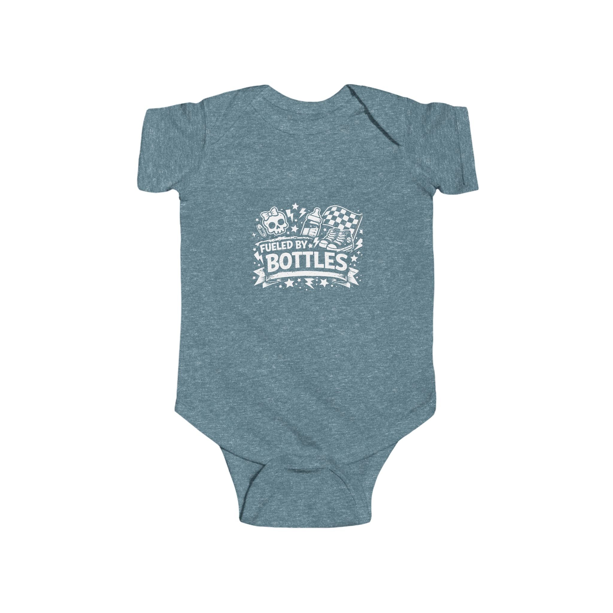 Fueled by Bottles Baby Onesie | Pop Punk Inspired Funny Infant Bodysuit | Millennial Parent Gift