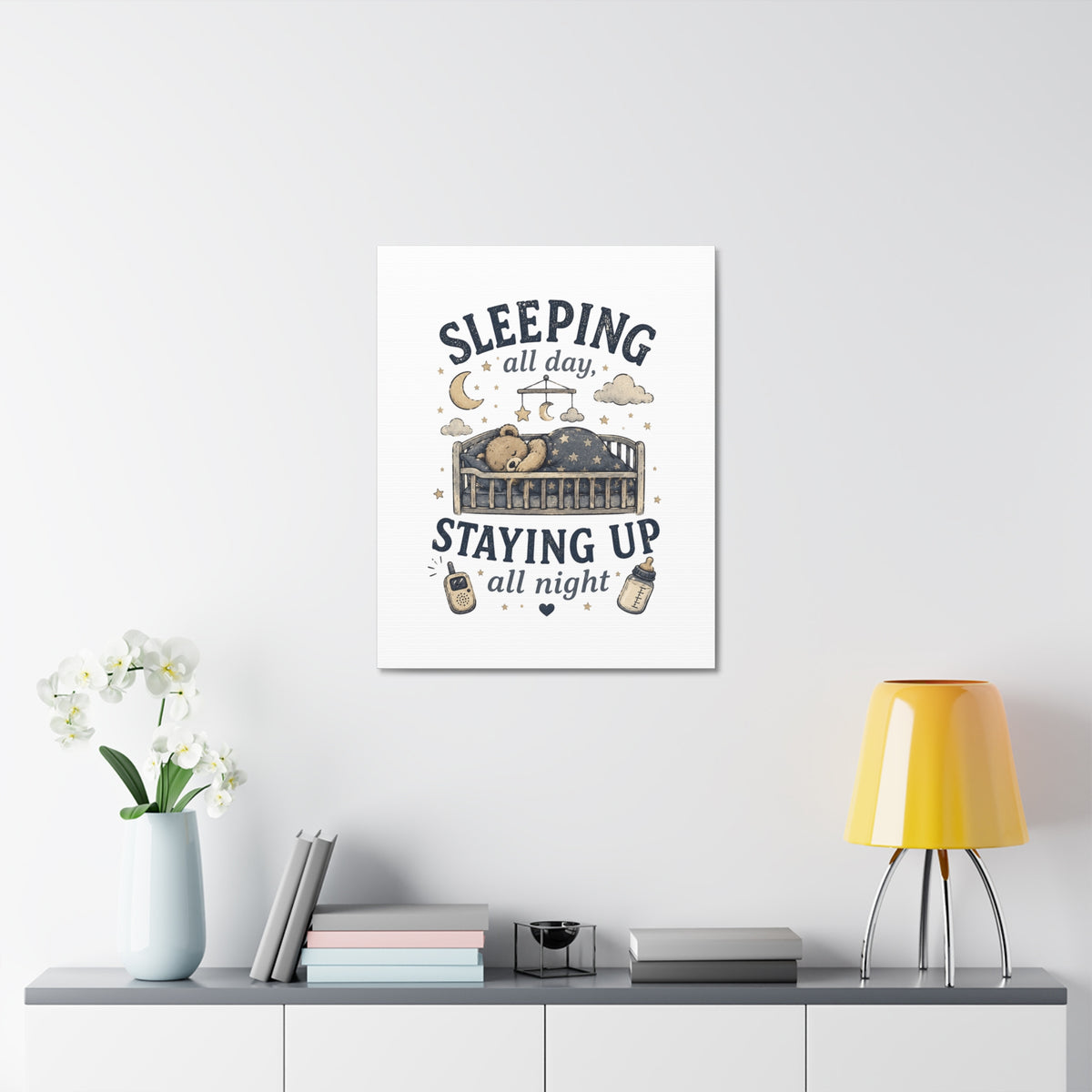 Sleeping All Day Staying Up All Night Nursery Canvas, Pop Punk Baby Nursery Decor, Millennial Nursery Wall Art, Stretched Canvas