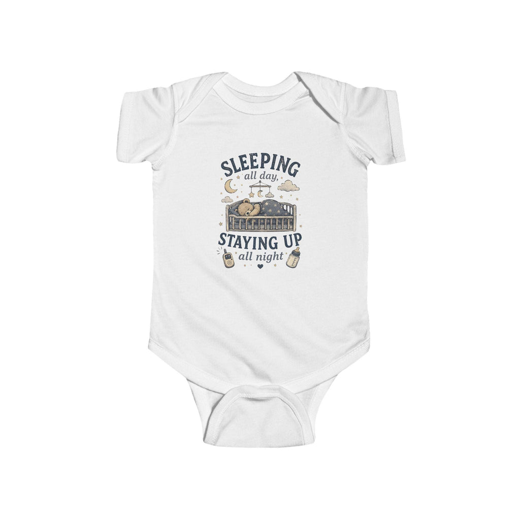Sleeping All Day Staying Up All Night baby bodysuit | crib, moon, stars design