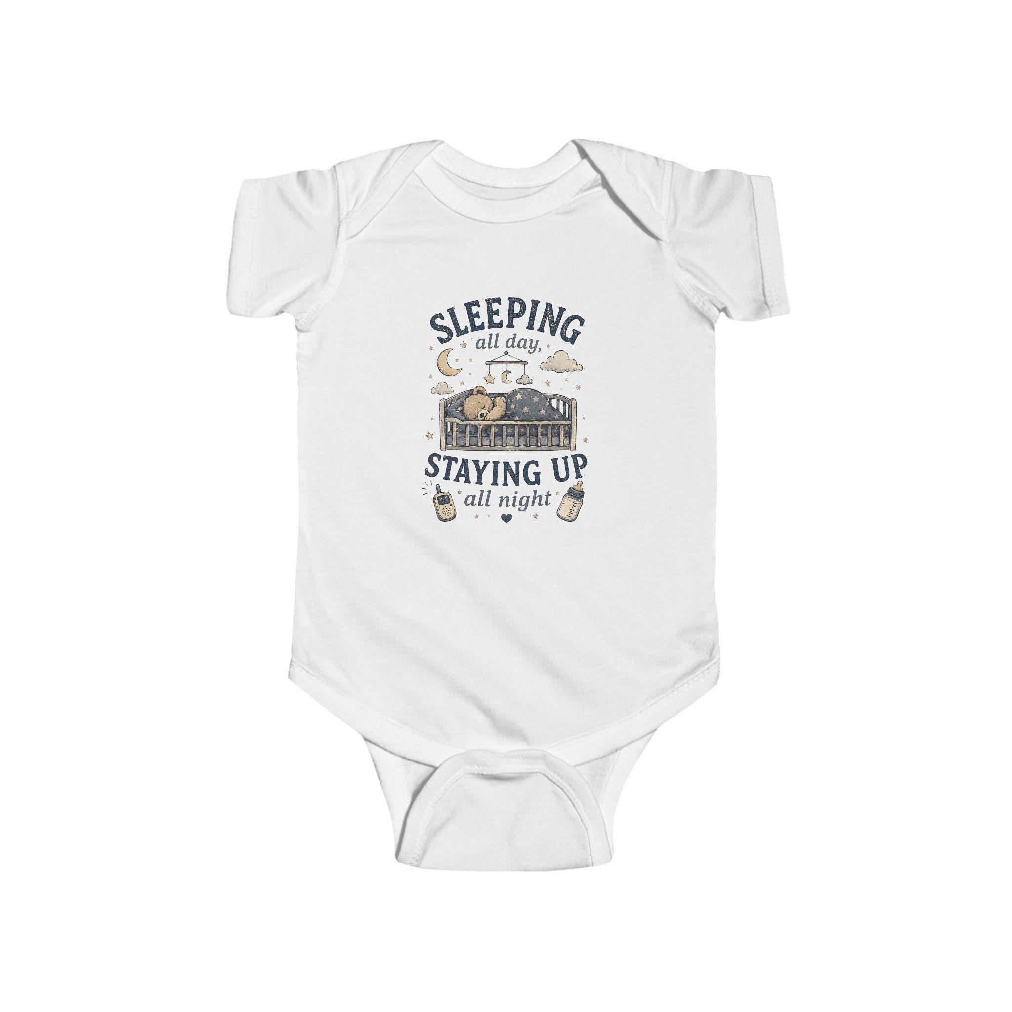 Sleeping All Day Staying Up All Night baby bodysuit | crib, moon, stars design