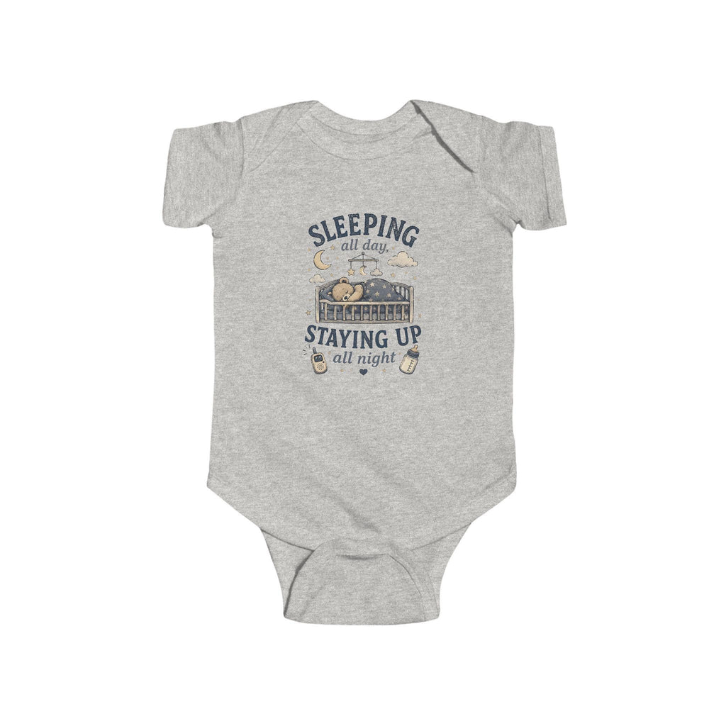 Sleeping All Day Staying Up All Night baby bodysuit | crib, moon, stars design
