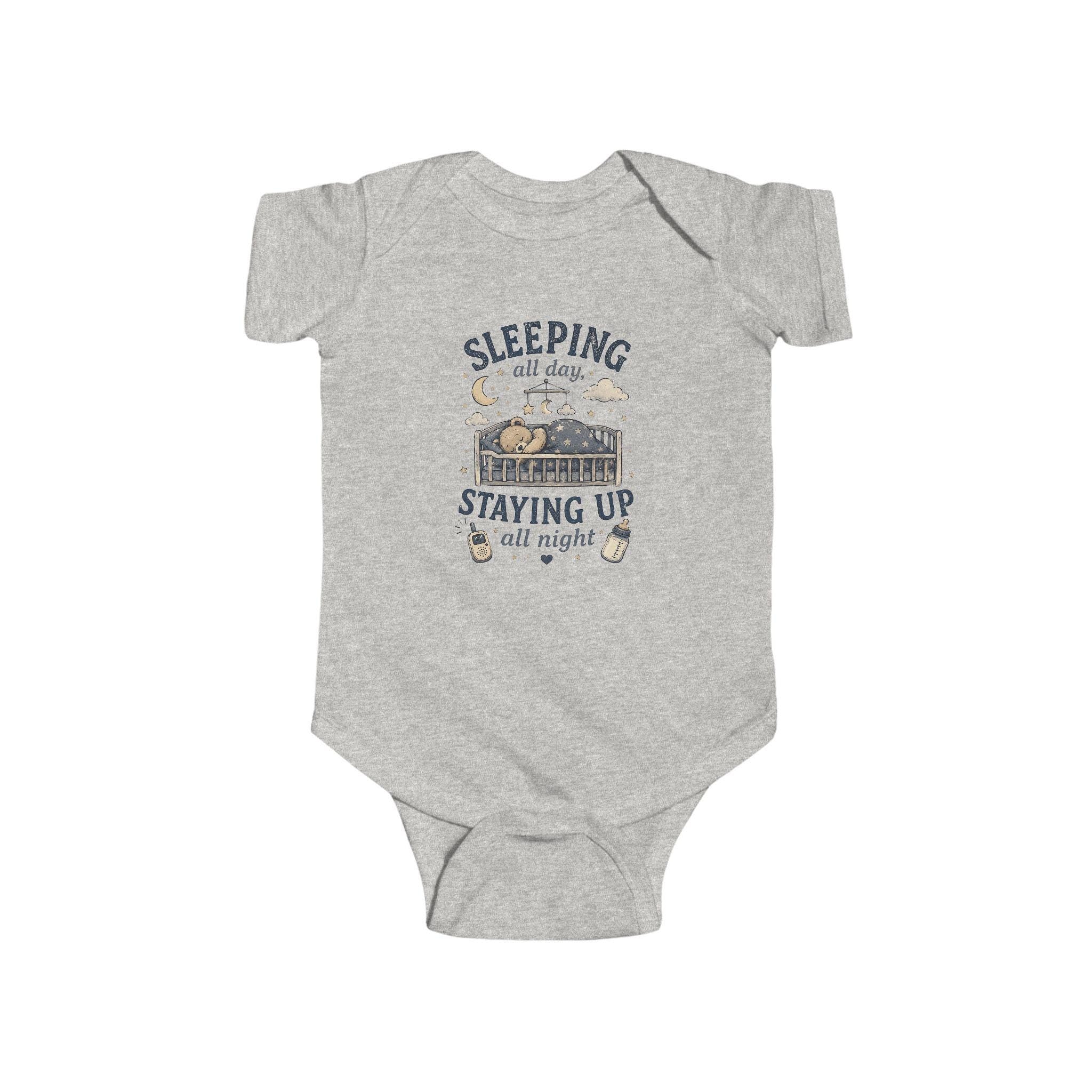 Sleeping All Day Staying Up All Night baby bodysuit | crib, moon, stars design