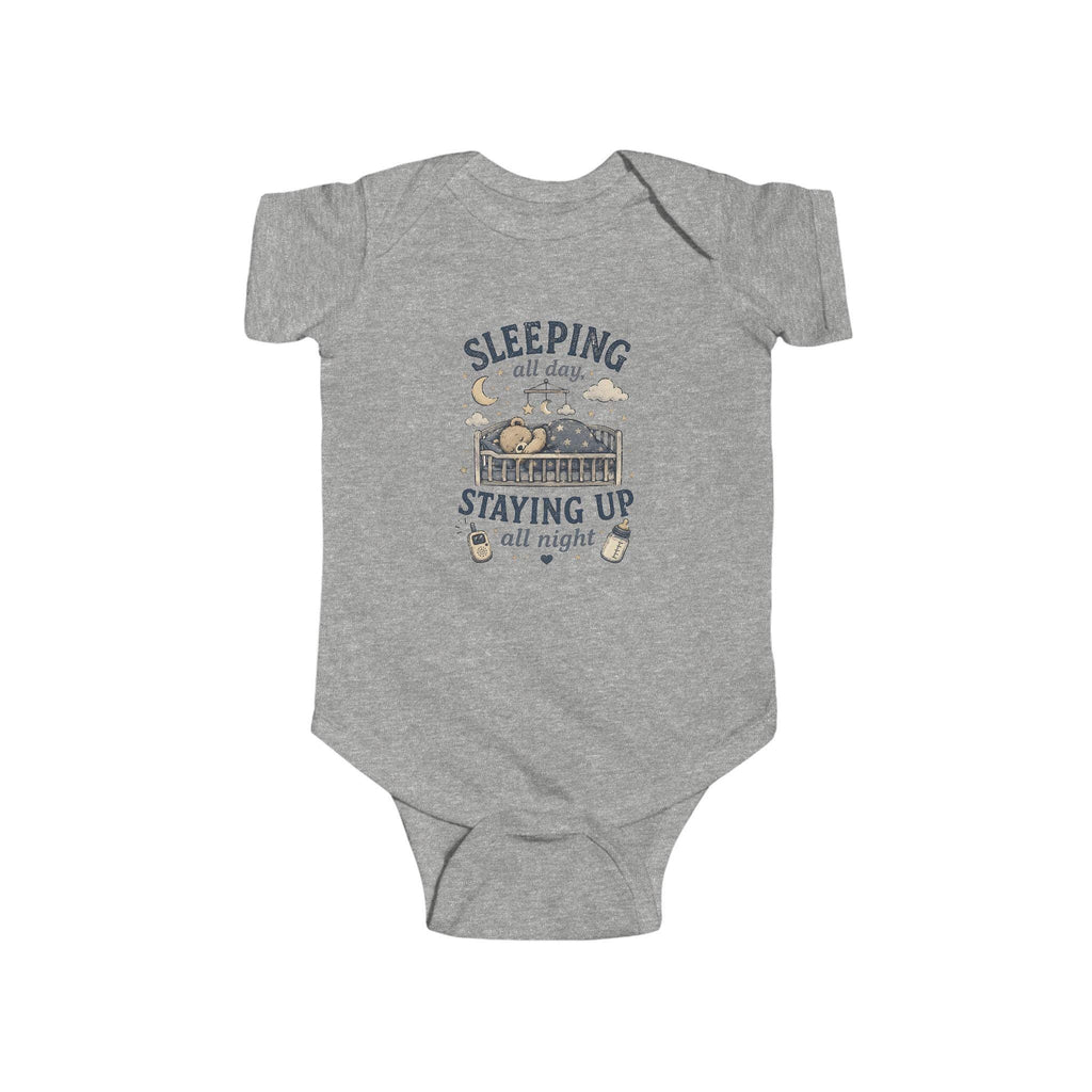 Sleeping All Day Staying Up All Night baby bodysuit | crib, moon, stars design