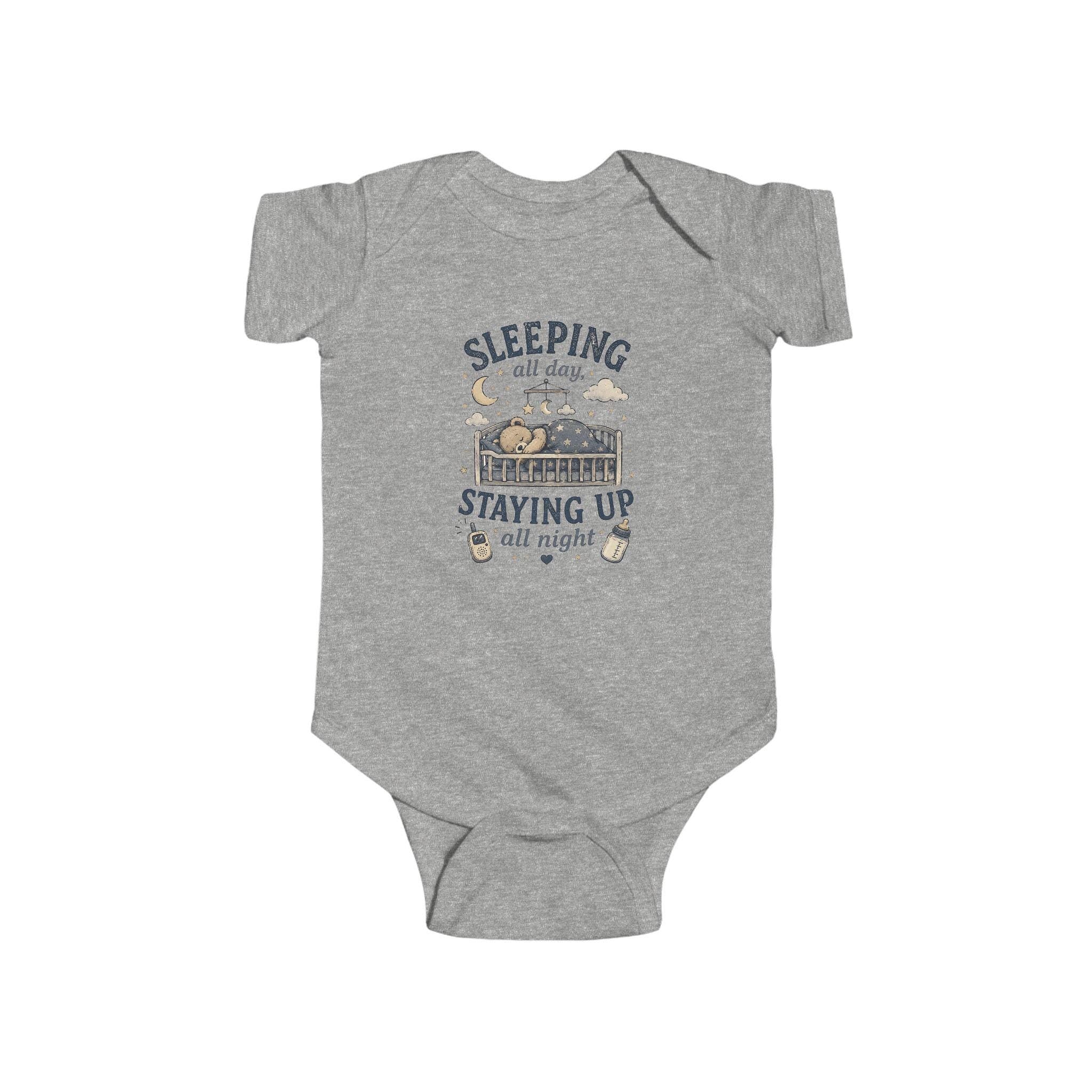 Sleeping All Day Staying Up All Night baby bodysuit | crib, moon, stars design