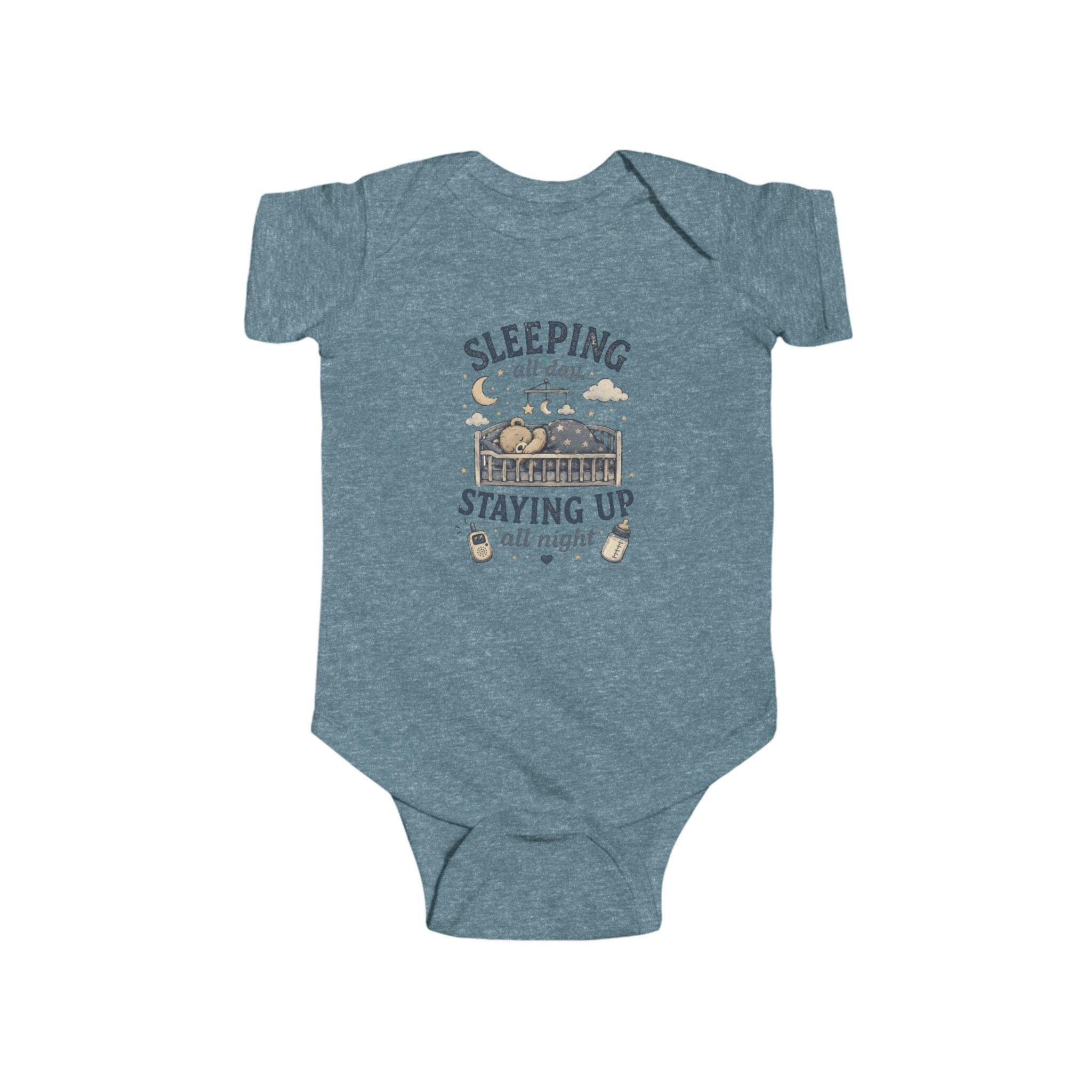 Sleeping All Day Staying Up All Night baby bodysuit | crib, moon, stars design