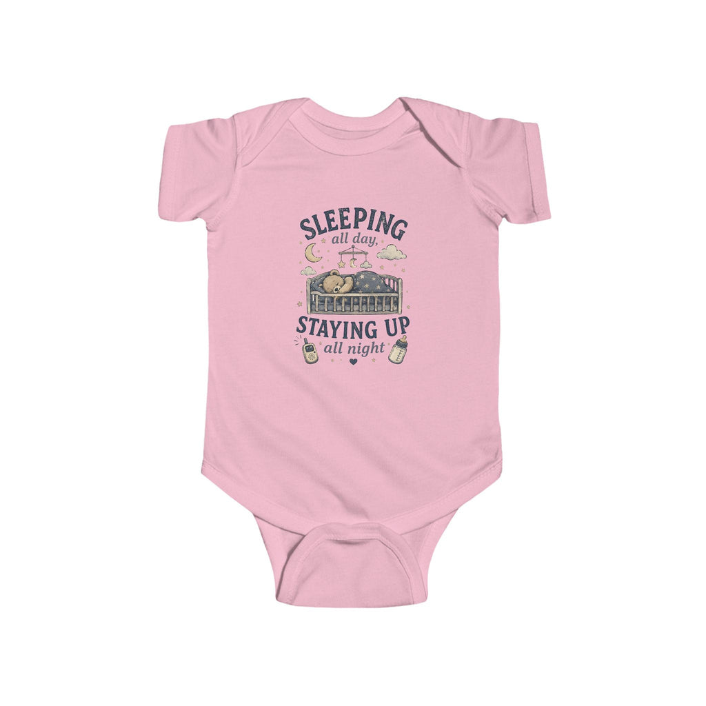 Sleeping All Day Staying Up All Night baby bodysuit | crib, moon, stars design