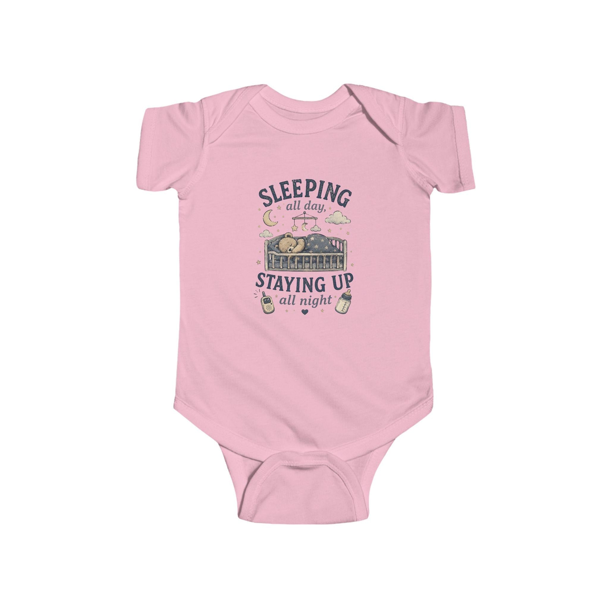 Sleeping All Day Staying Up All Night baby bodysuit | crib, moon, stars design