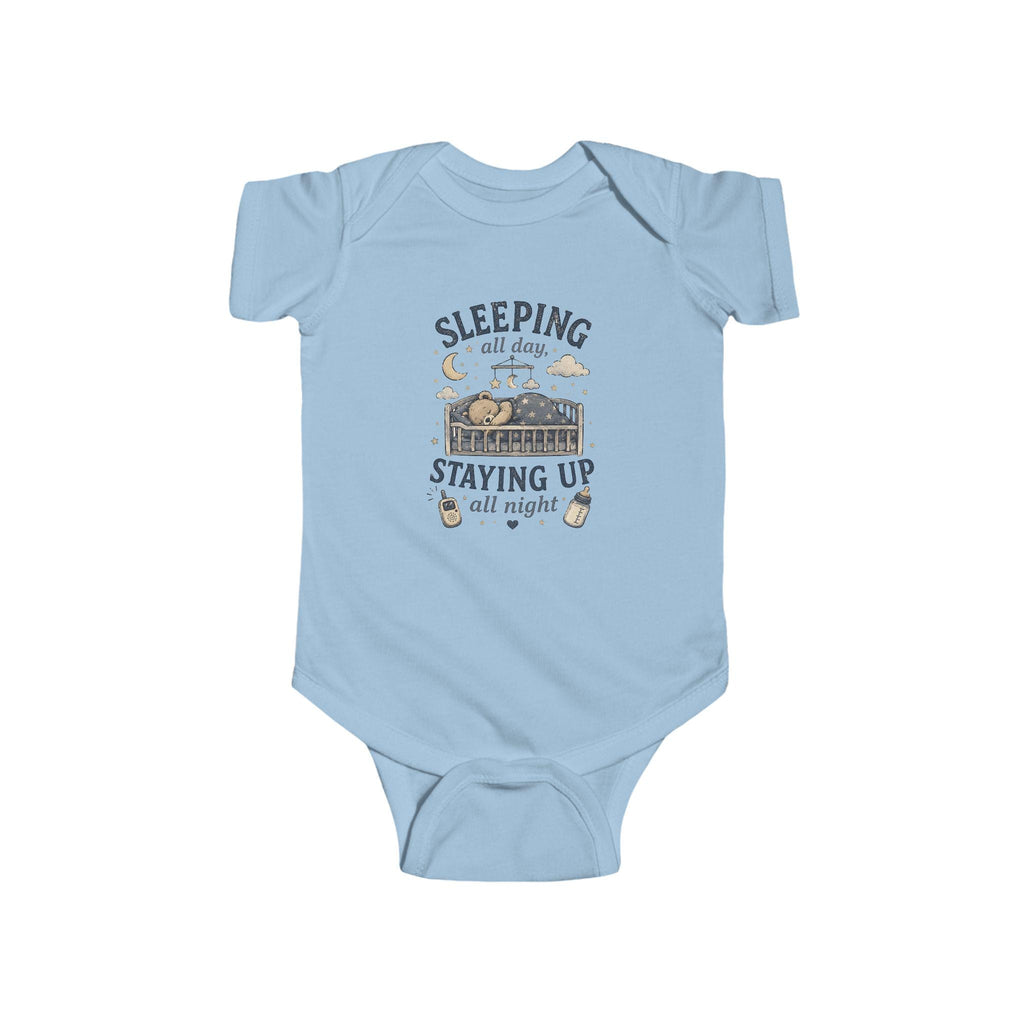 Sleeping All Day Staying Up All Night baby bodysuit | crib, moon, stars design