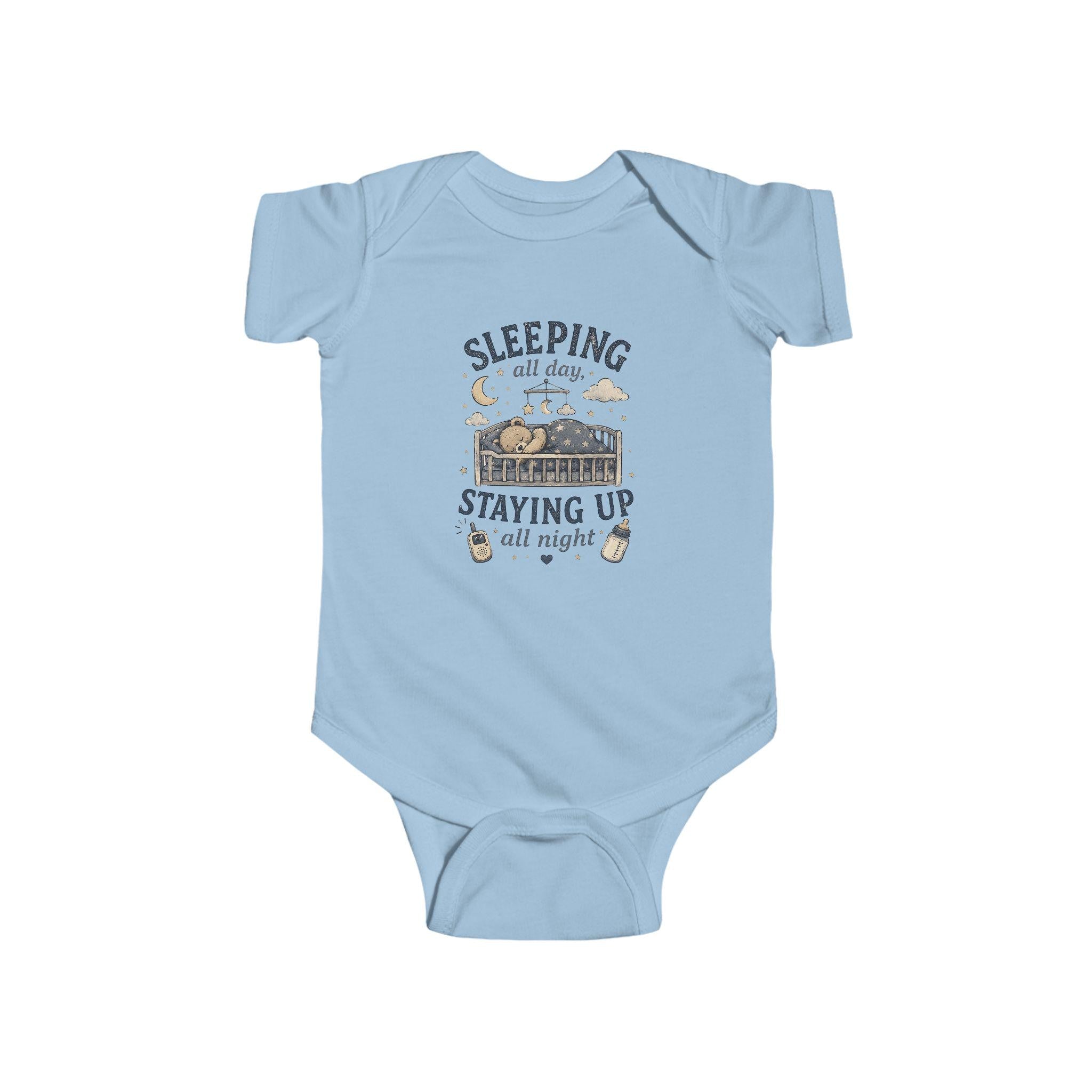 Sleeping All Day Staying Up All Night baby bodysuit | crib, moon, stars design